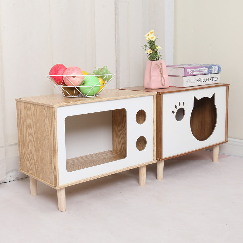 KFX-8863933 Wooden Cat Nest Bedside Table - Stylish Solid Wood Pet Bed for Cats