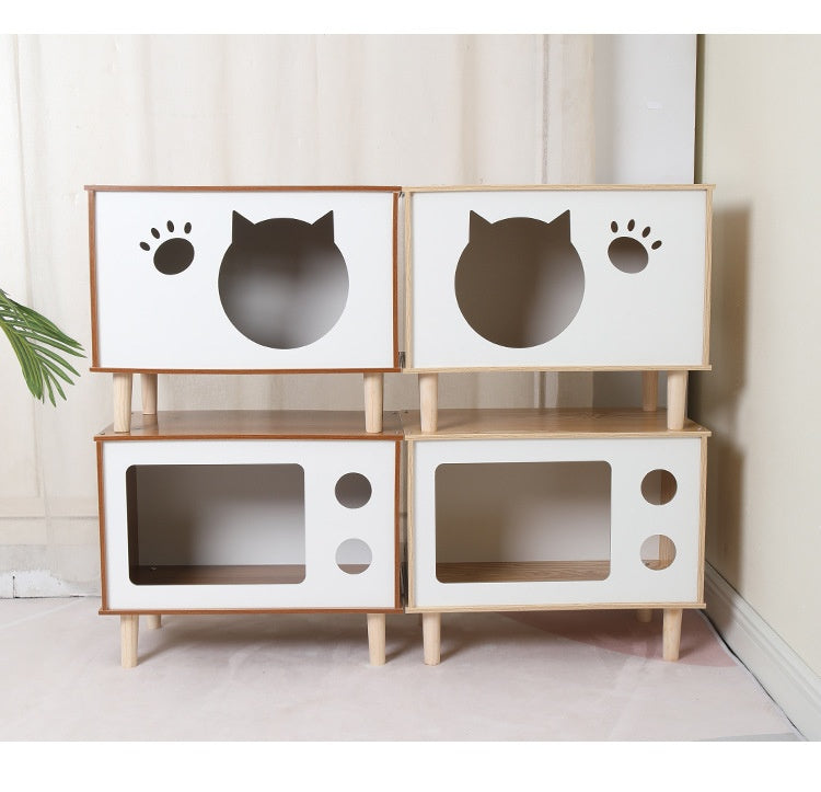 KFX-8863933 Wooden Cat Nest Bedside Table - Stylish Solid Wood Pet Bed for Cats