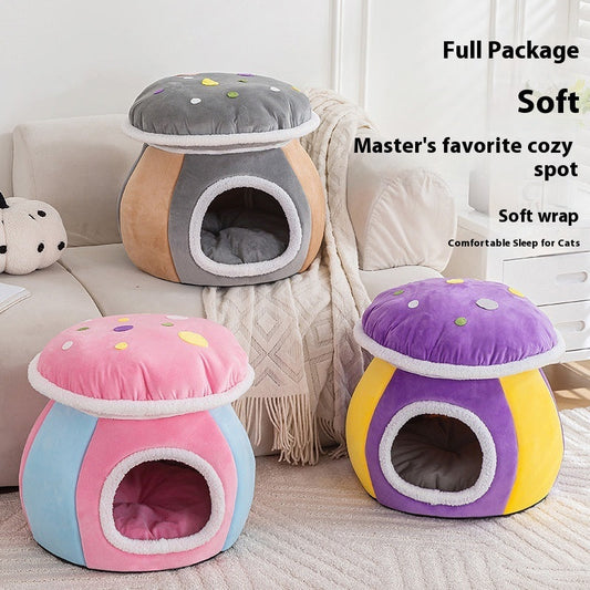 KFX-8867901 Mushroom Cat Nest - Thermal Plush Pet Bed in Multiple Colors and Sizes