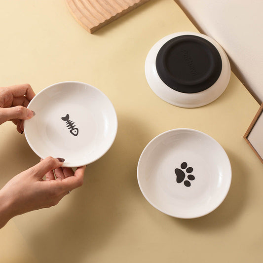 KFX-8869821 Silicone Non-slip Cat Bowl with Ceramic Base in Fishbone and Paw Print Designs