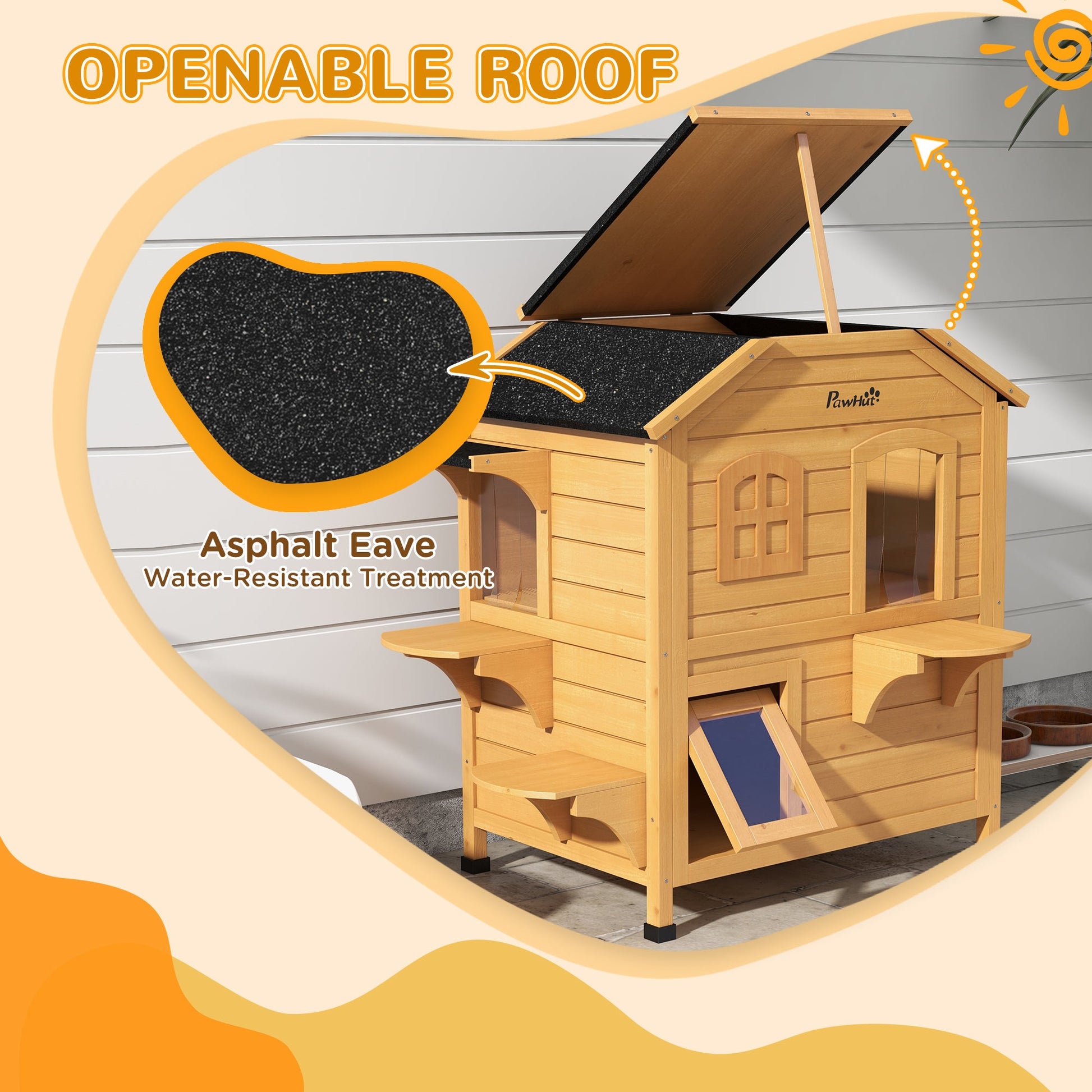KFX-8873277 2-Story Wooden Outdoor Cat House with Escape Door and Four Platforms, Asphalt Roof, Ideal Feral Shelter