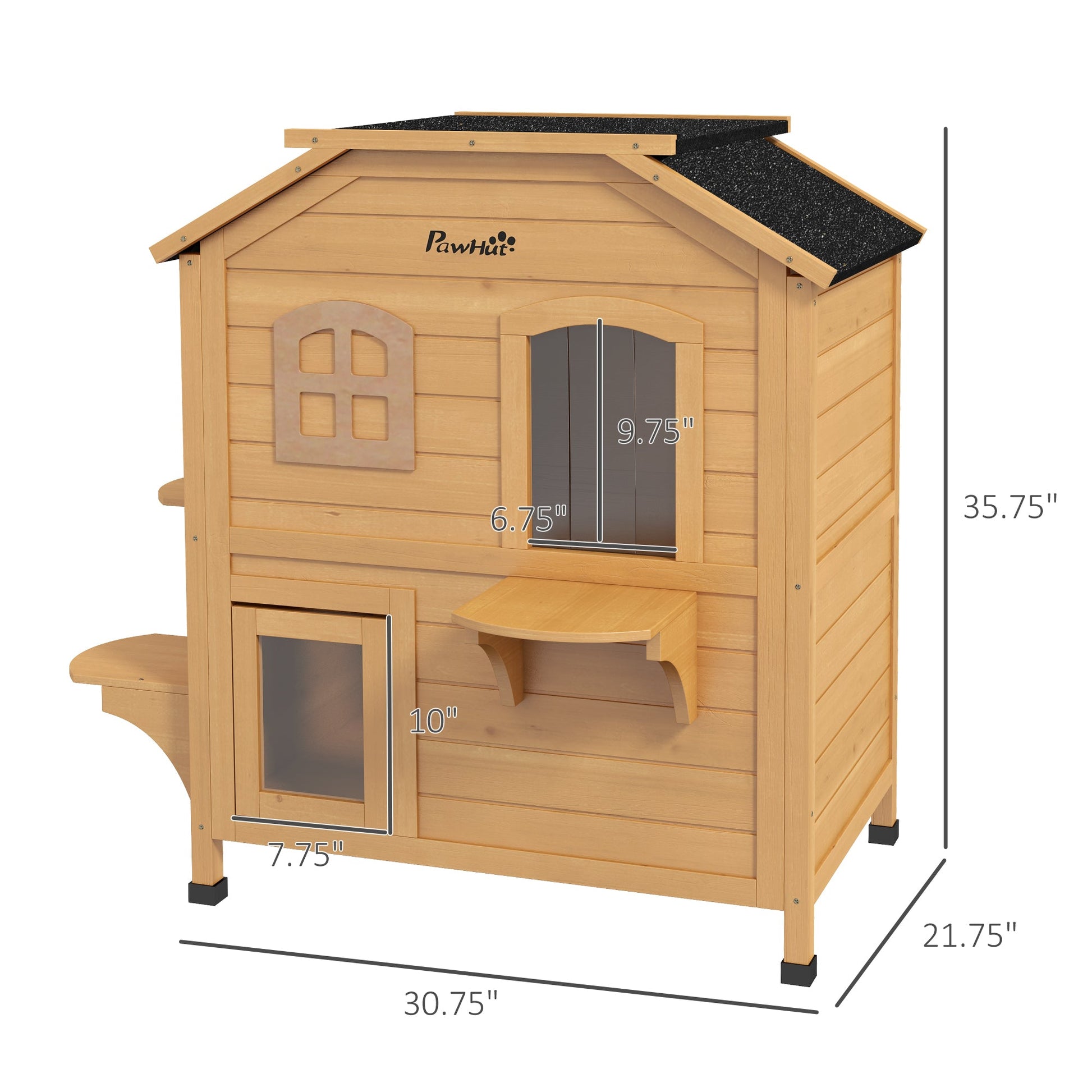KFX-8873277 2-Story Wooden Outdoor Cat House with Escape Door and Four Platforms, Asphalt Roof, Ideal Feral Shelter