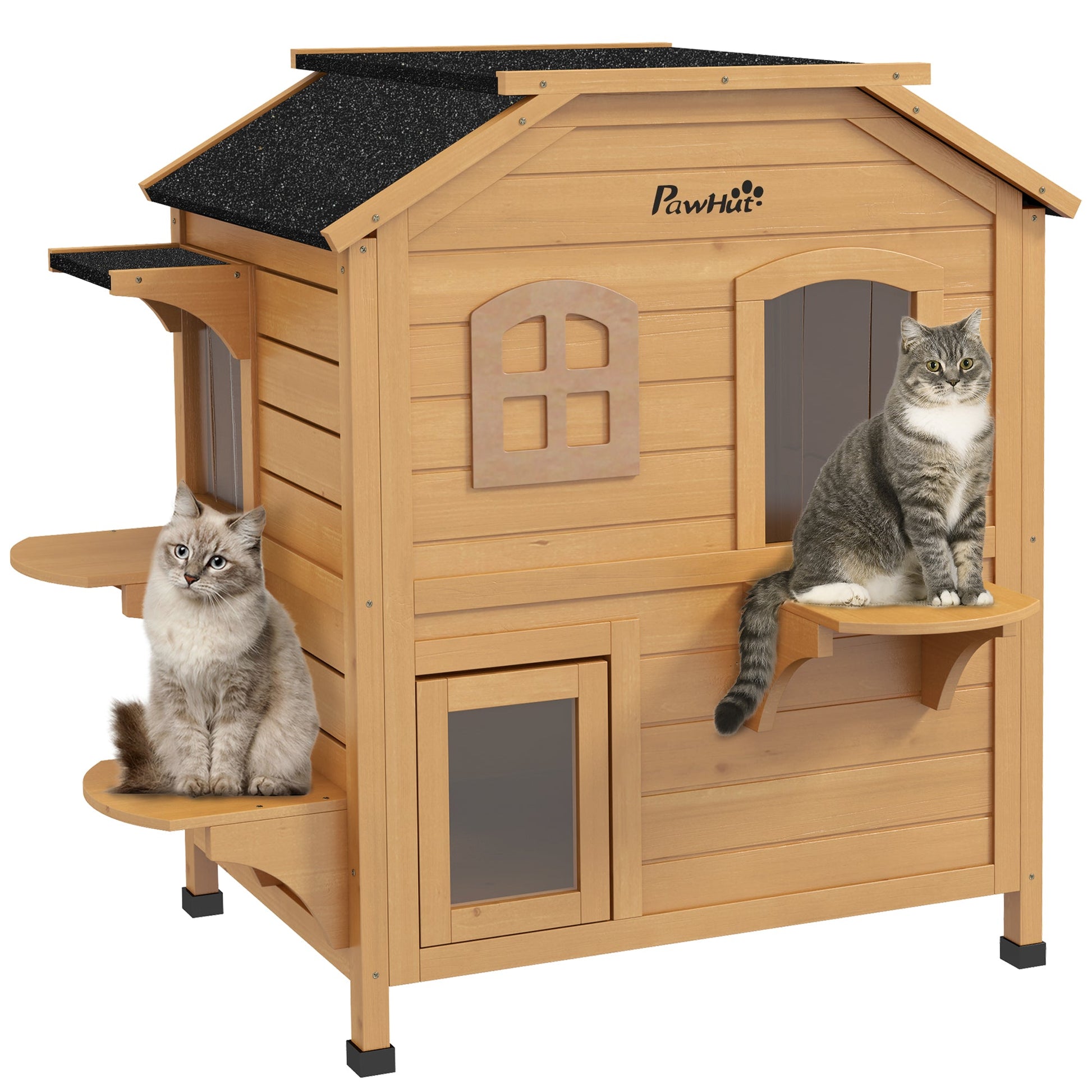 KFX-8873277 2-Story Wooden Outdoor Cat House with Escape Door and Four Platforms, Asphalt Roof, Ideal Feral Shelter