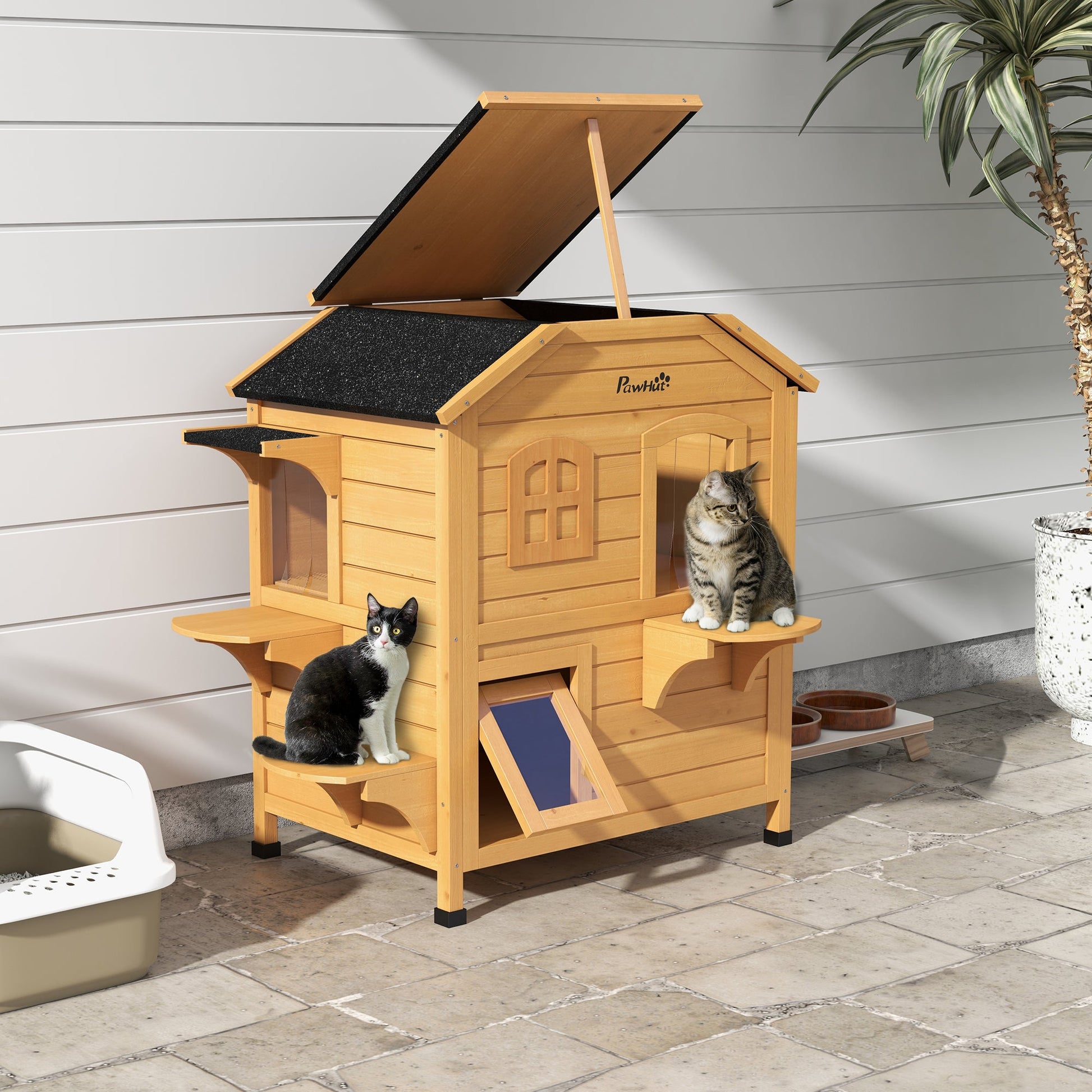 KFX-8873277 2-Story Wooden Outdoor Cat House with Escape Door and Four Platforms, Asphalt Roof, Ideal Feral Shelter