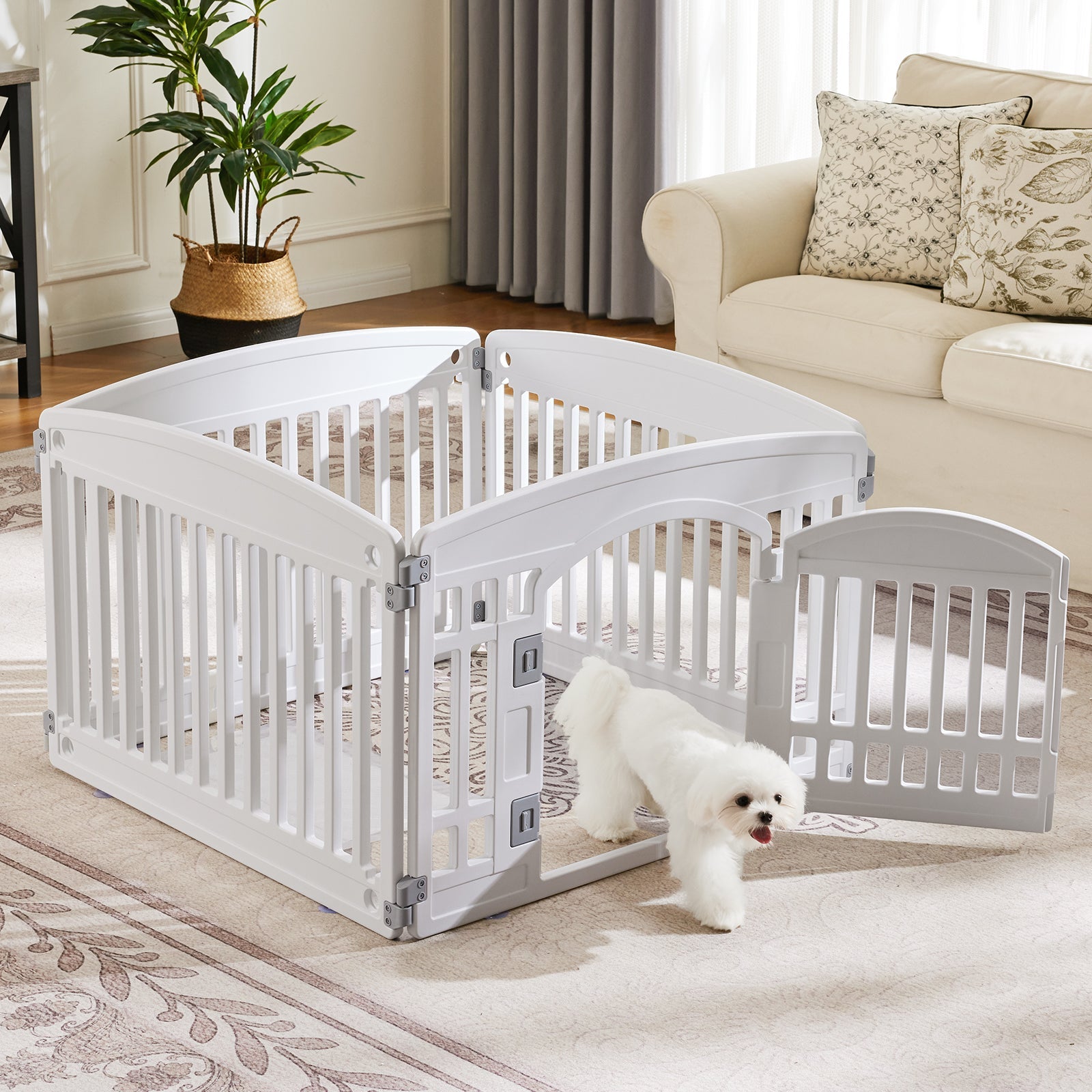 KFX-8876989 Pet Playpen for Small to Medium Dogs - Portable 4 & 6 Panel Design in White and Black, Safe and Easy to Clean