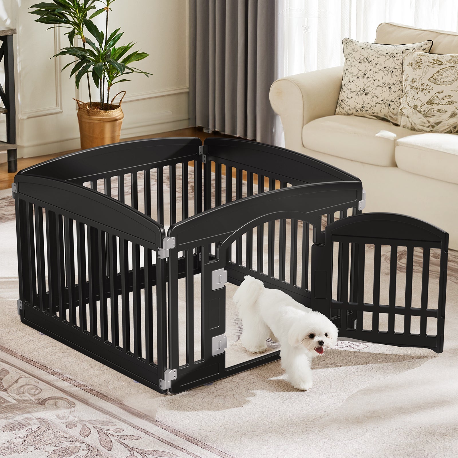 KFX-8876989 Pet Playpen for Small to Medium Dogs - Portable 4 & 6 Panel Design in White and Black, Safe and Easy to Clean