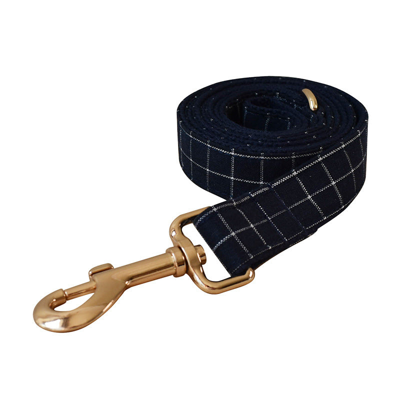KFX-8883133 Navy Blue Plaid Dog Collar with Gold Button and Alloy Buckle – Stylish Cotton Design