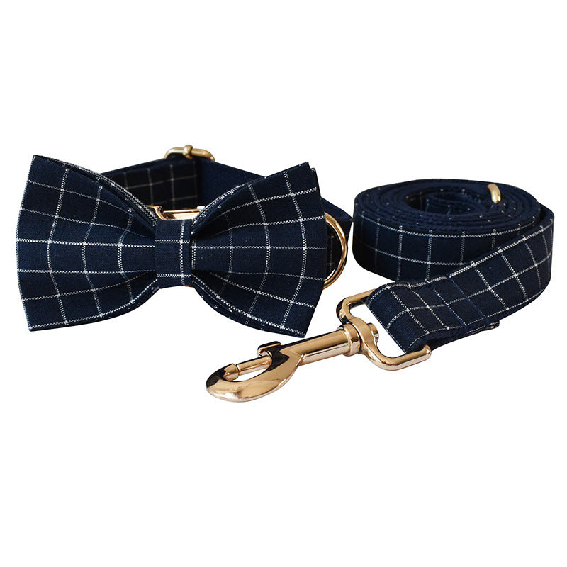 KFX-8883133 Navy Blue Plaid Dog Collar with Gold Button and Alloy Buckle – Stylish Cotton Design