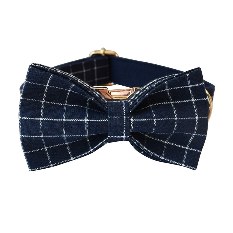 KFX-8883133 Navy Blue Plaid Dog Collar with Gold Button and Alloy Buckle – Stylish Cotton Design