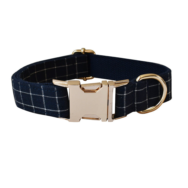 KFX-8883133 Navy Blue Plaid Dog Collar with Gold Button and Alloy Buckle – Stylish Cotton Design
