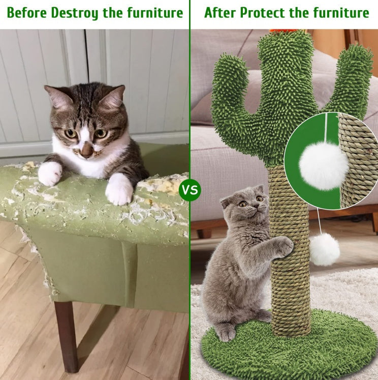 KFX-8886589 Cactus Cat Climbing Tree - Multi-Level Activity Center with Solid Wood Base and Natural Sisal Scratching Pillar
