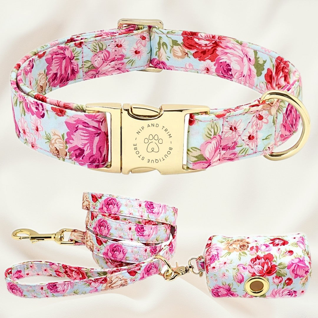 KFX-8890685 Customizable Dog Collar with Matching Leash and Bag - All Cotton Fabric, Multiple Sizes Available