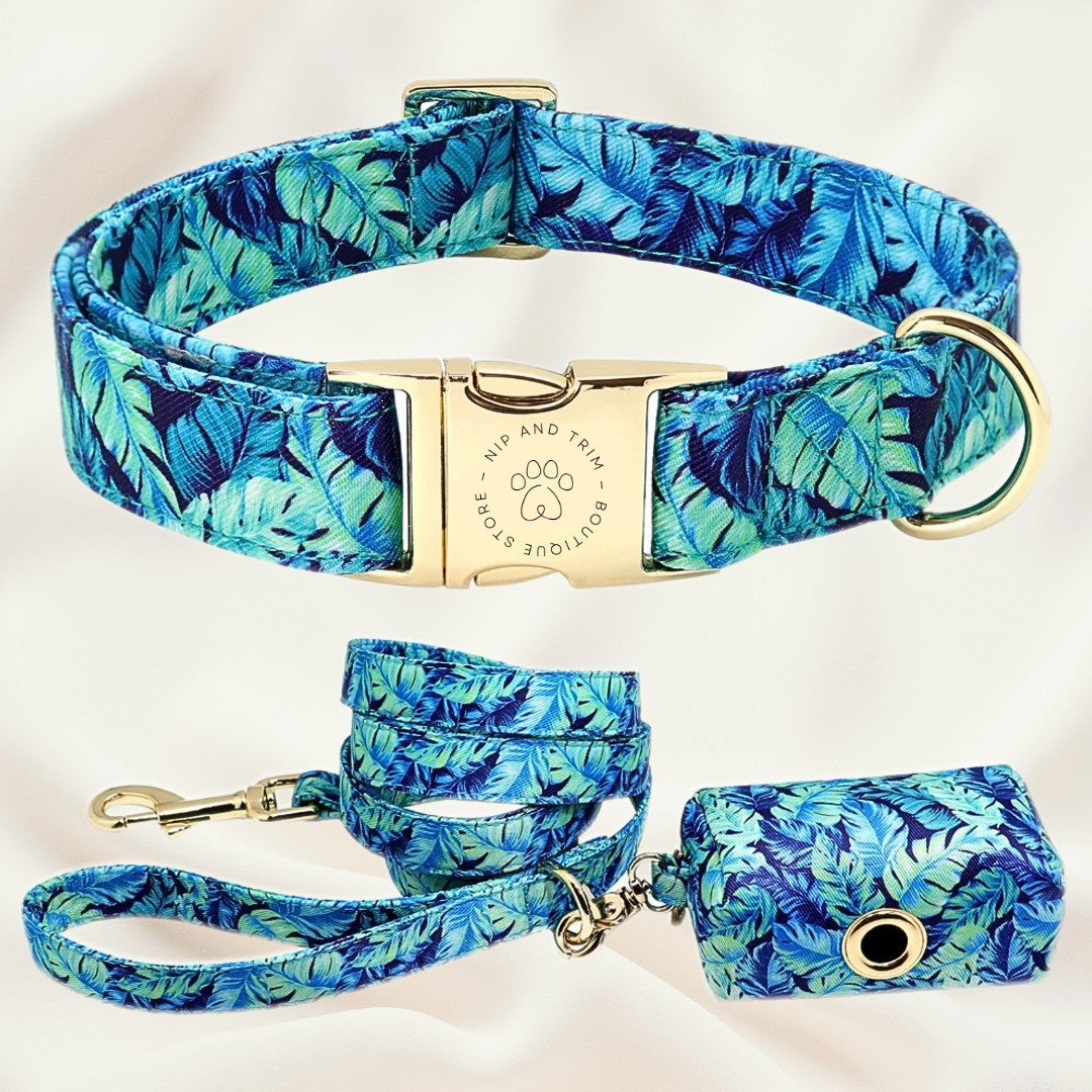 KFX-8890685 Customizable Dog Collar with Matching Leash and Bag - All Cotton Fabric, Multiple Sizes Available
