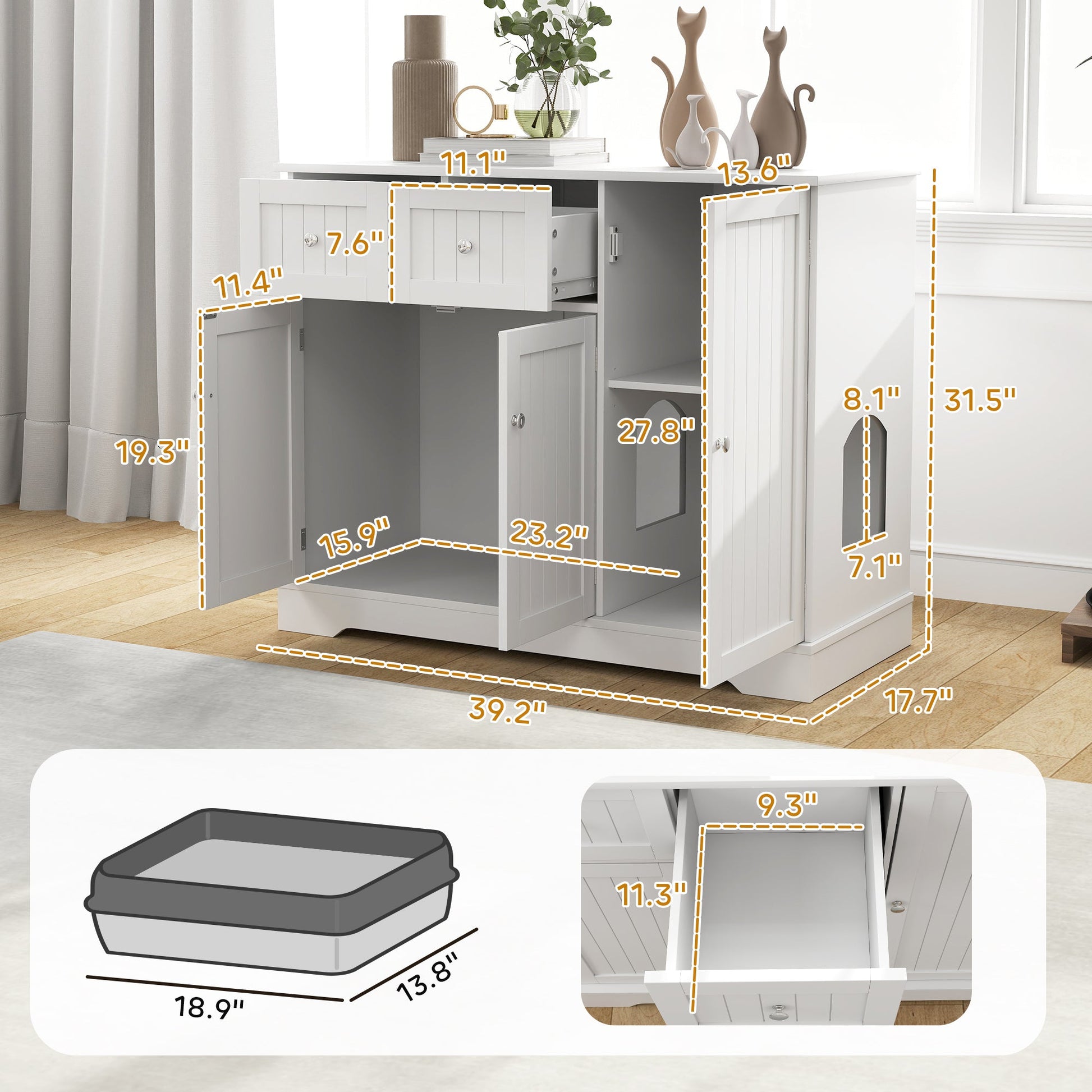 KFX-8892349 Cat Litter Box Enclosure with Storage and Anti-Tip Kit, White, 39" x 18" x 31.5"