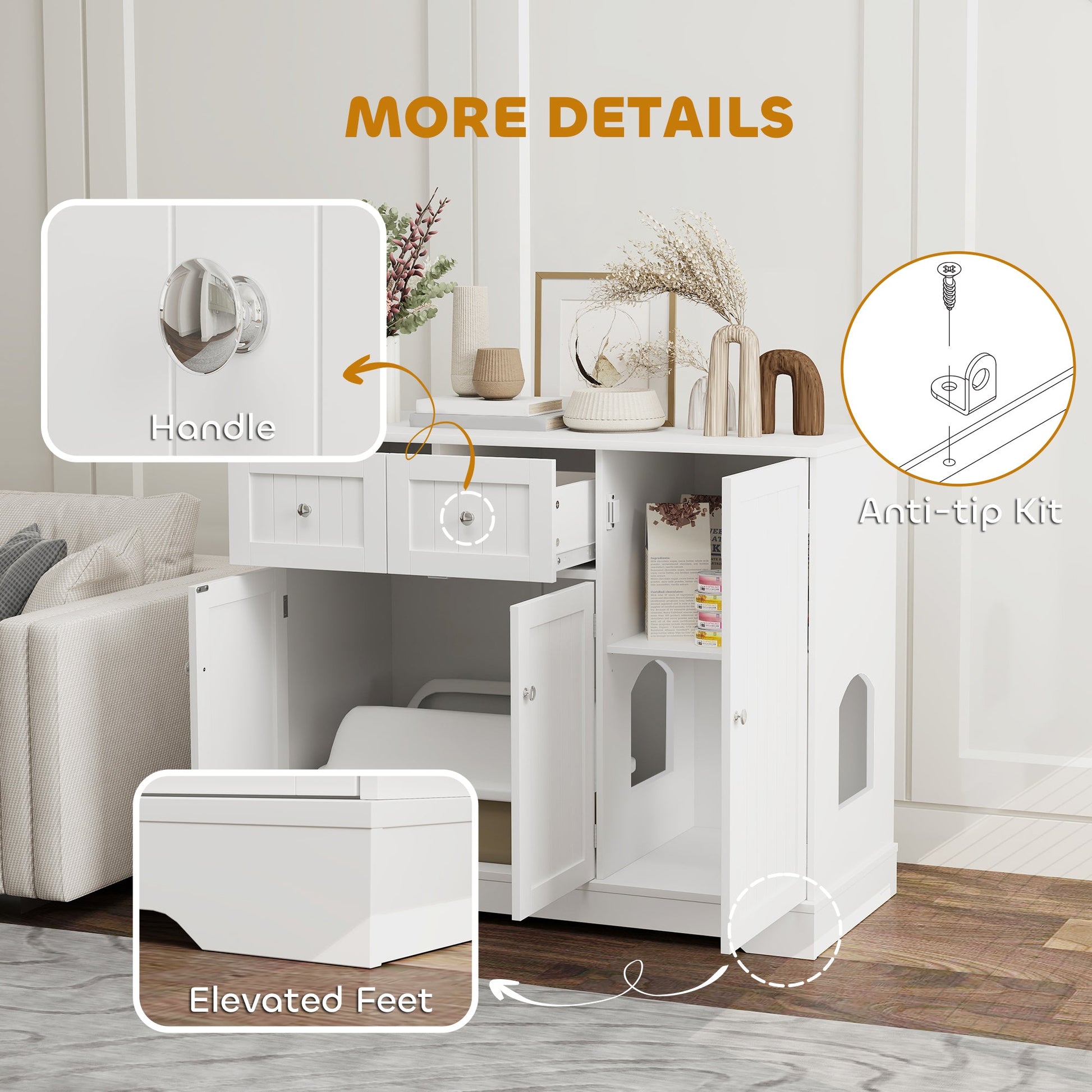 KFX-8892349 Cat Litter Box Enclosure with Storage and Anti-Tip Kit, White, 39" x 18" x 31.5"