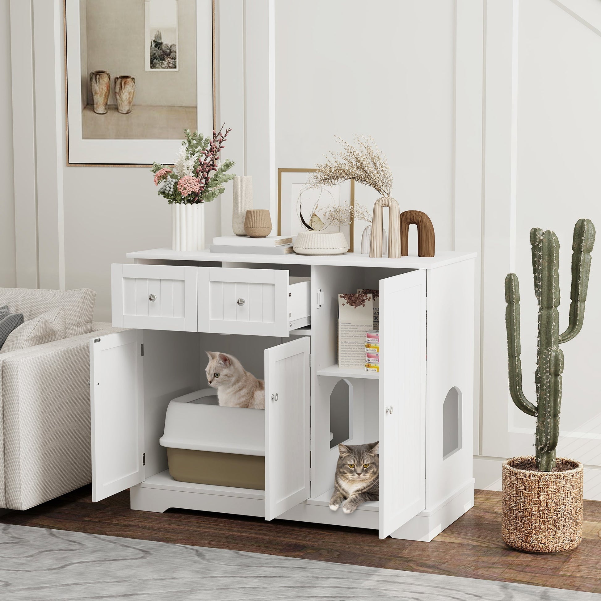 KFX-8892349 Cat Litter Box Enclosure with Storage and Anti-Tip Kit, White, 39" x 18" x 31.5"