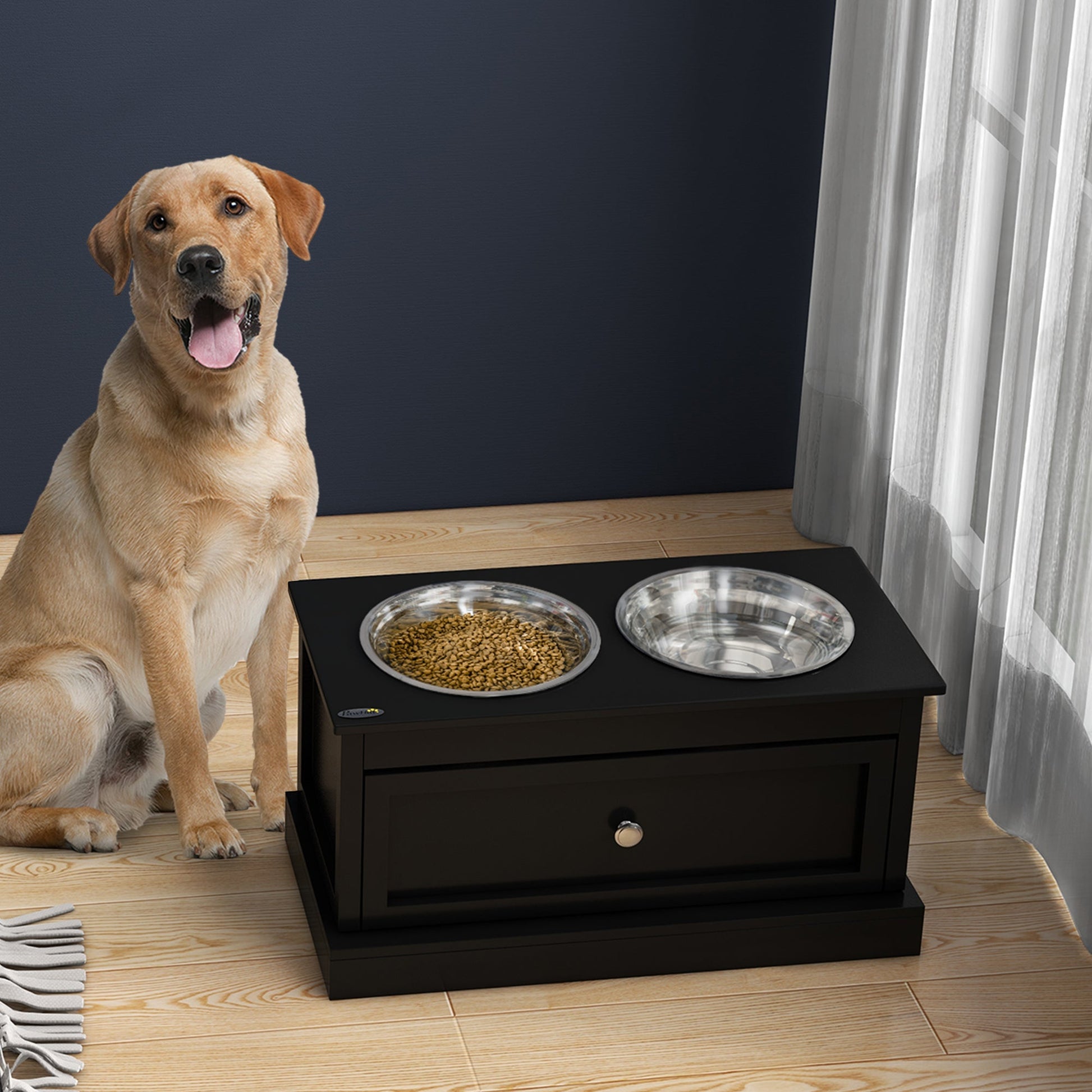 KFX-8892861 Elevated Dog Feeding Station with Storage Drawer and Stainless Steel Bowls - Black