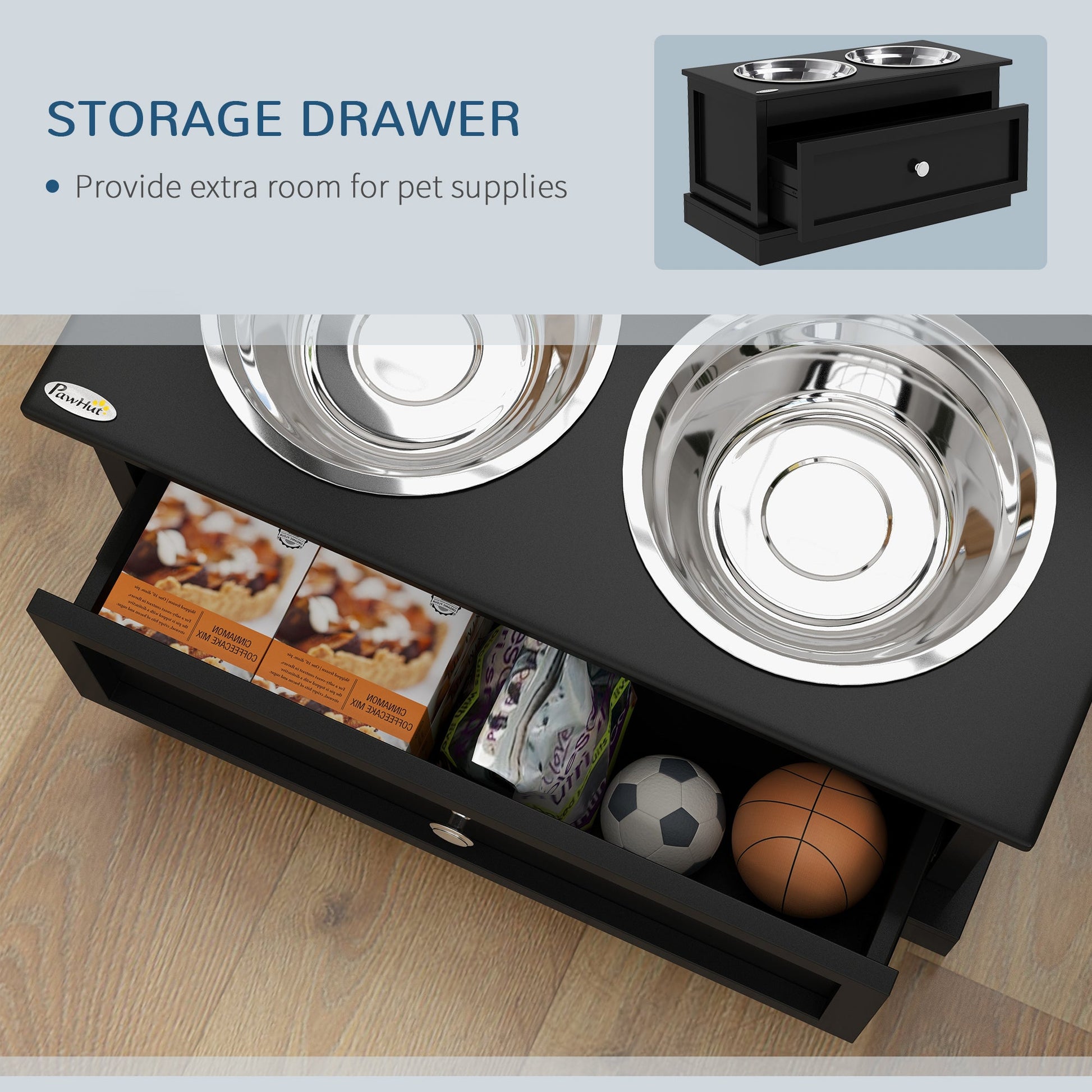 KFX-8892861 Elevated Dog Feeding Station with Storage Drawer and Stainless Steel Bowls - Black