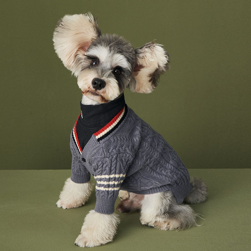 KFX-8894653 Trendy Wool Cardigan Sweater for Dogs - Autumn and Winter Fashion in Dark Gray and Apricot