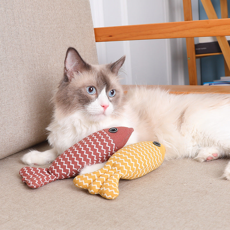 KFX-8896317 Funny Cat Linen Fish Pillow - Biting Toy for Cats, Navy Blue, Yellow, Purple, 21x9x5cm