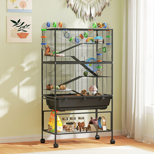 KFX-8906045 5-Tier Hamster Cage with Rolling Wheels, Deep Tray, Exercise Wheel, Hut, and Tube System