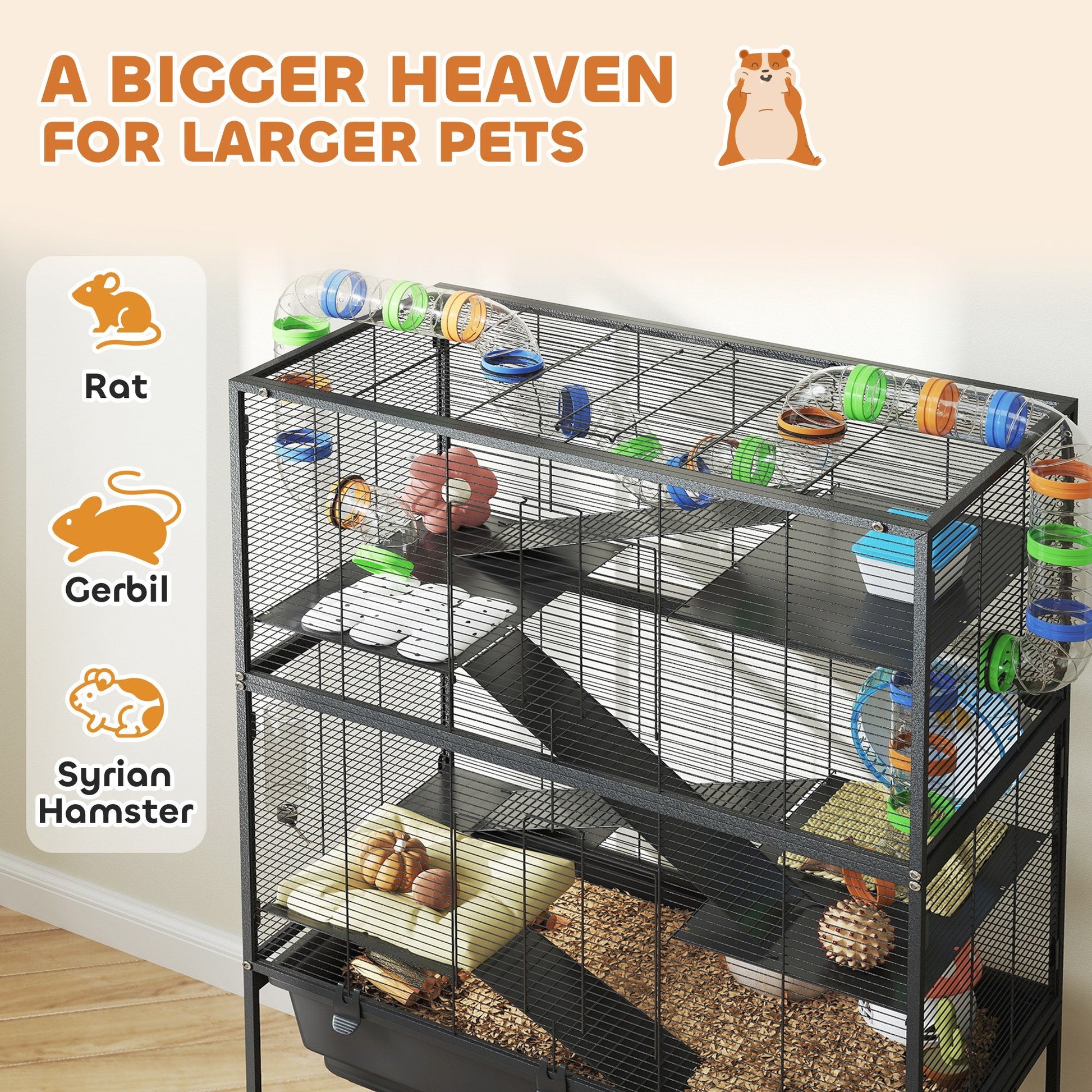 KFX-8906045 5-Tier Hamster Cage with Rolling Wheels, Deep Tray, Exercise Wheel, Hut, and Tube System
