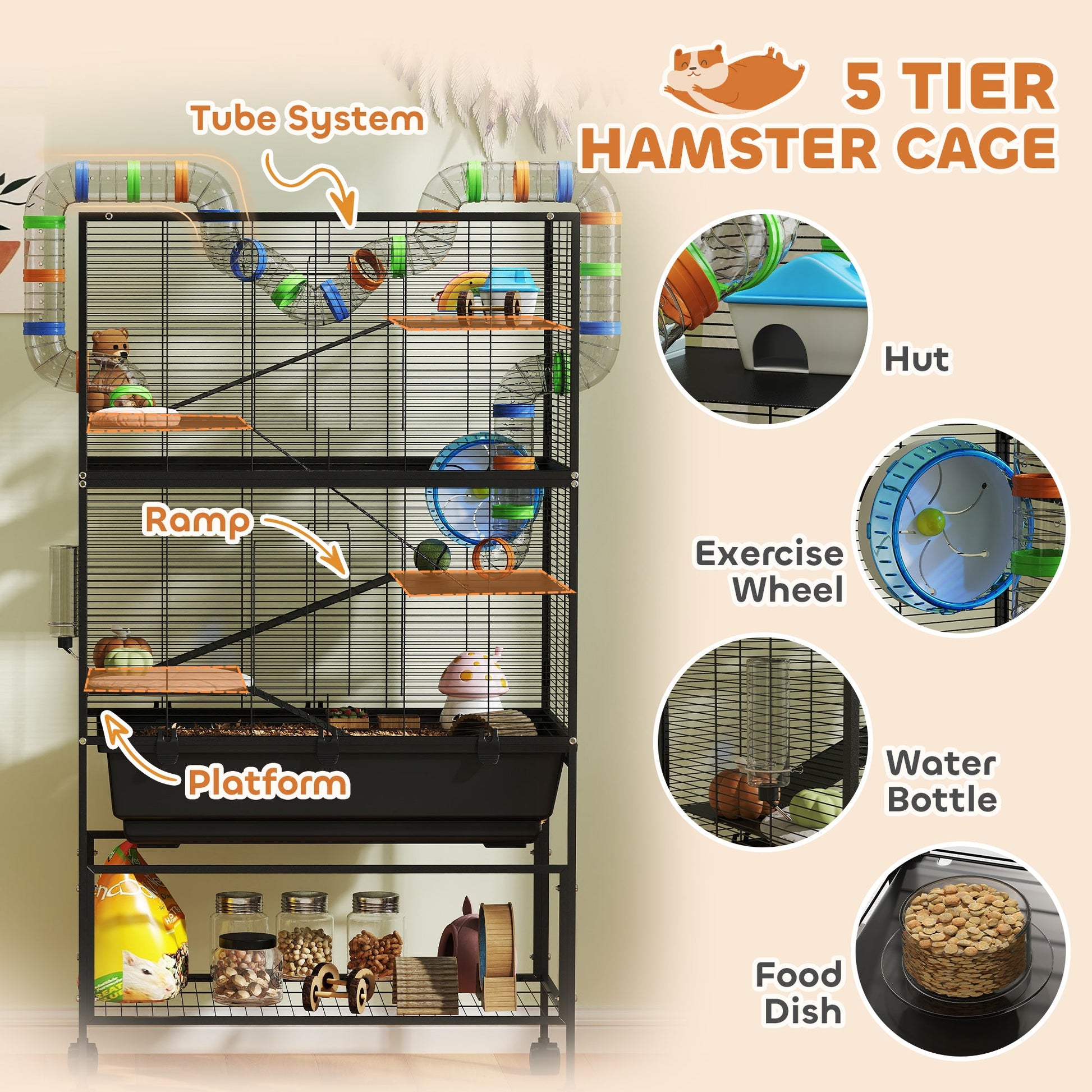 KFX-8906045 5-Tier Hamster Cage with Rolling Wheels, Deep Tray, Exercise Wheel, Hut, and Tube System