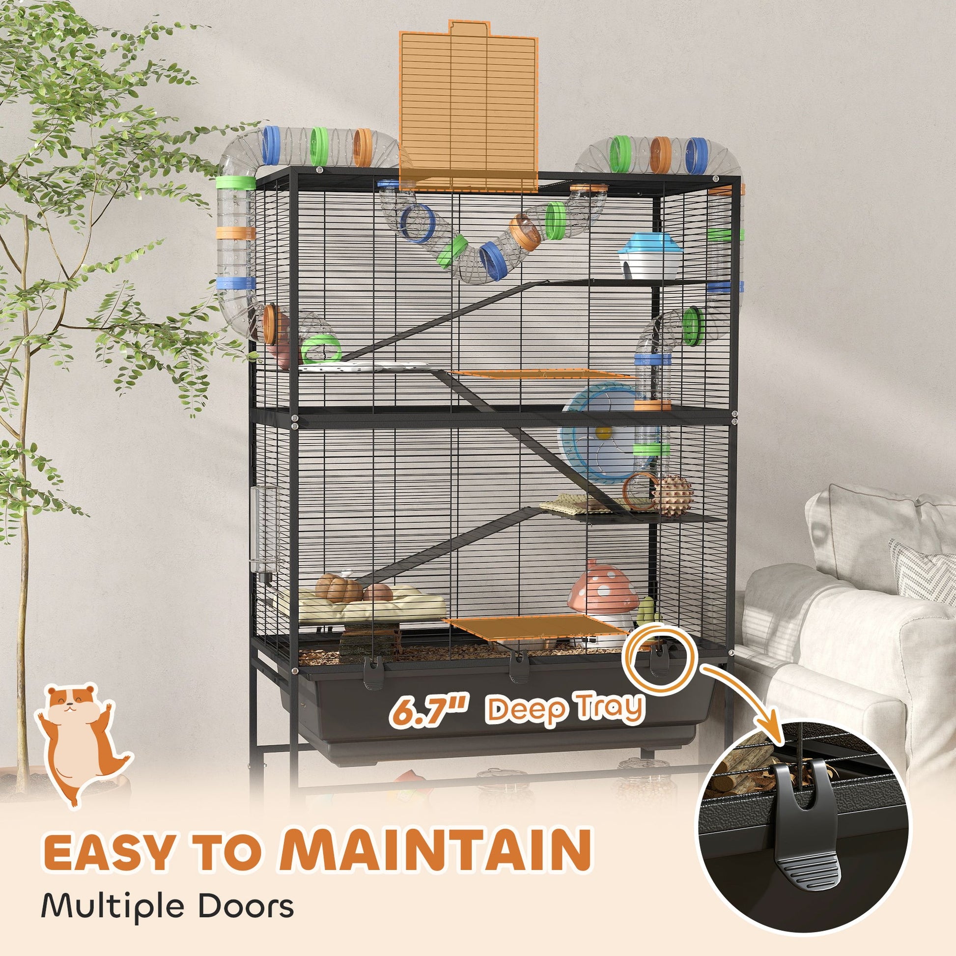 KFX-8906045 5-Tier Hamster Cage with Rolling Wheels, Deep Tray, Exercise Wheel, Hut, and Tube System
