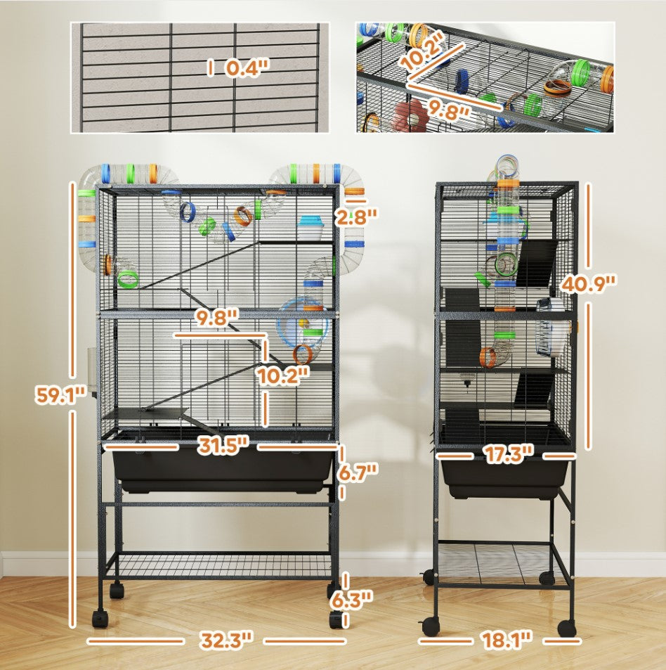KFX-8906045 5-Tier Hamster Cage with Rolling Wheels, Deep Tray, Exercise Wheel, Hut, and Tube System