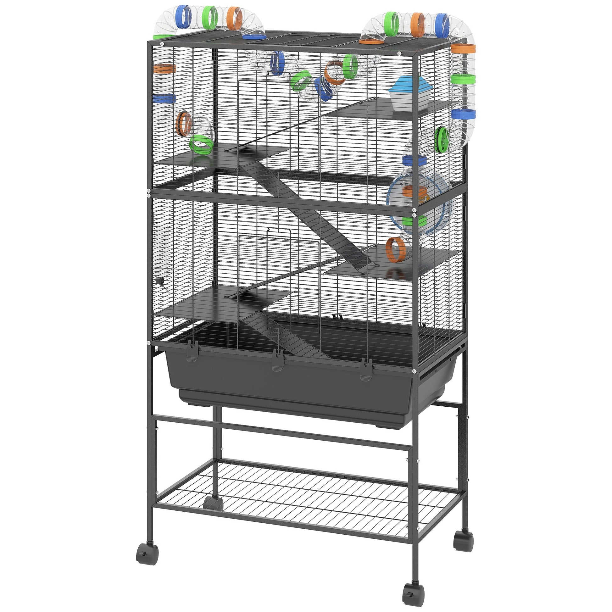 KFX-8906045 5-Tier Hamster Cage with Rolling Wheels, Deep Tray, Exercise Wheel, Hut, and Tube System