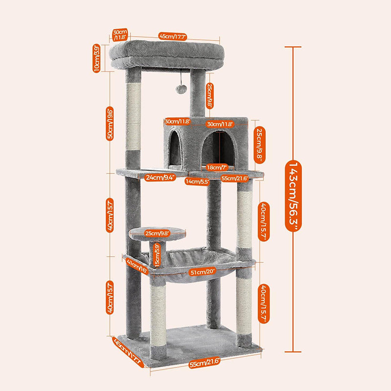 KFX-8908349 Plus-sized Cat Climbing Frame with Integrated Nest and Hammock in Dark and Light Gray - Durable and Stable Design