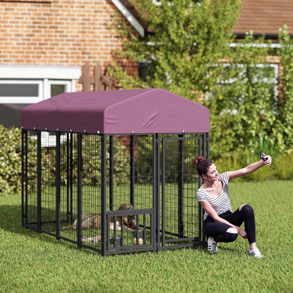 KFX-8911805 Outdoor Dog Kennel with Adjustable Bowls & Waterproof Cover, 7.9 X 4 X 6 Feet