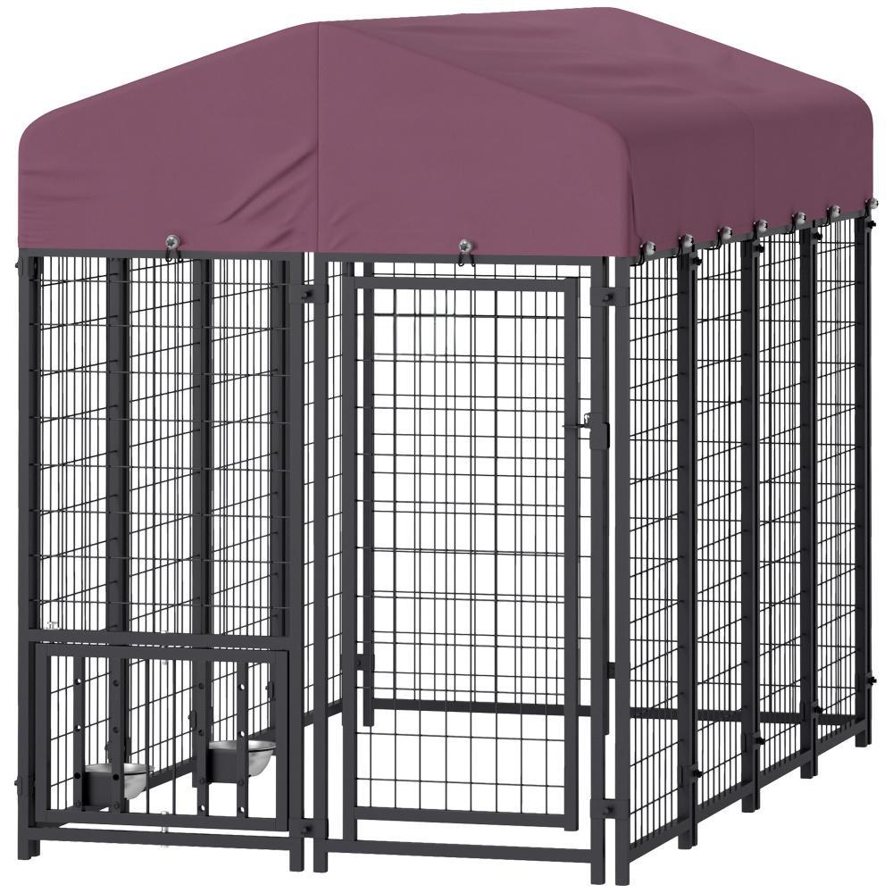 KFX-8911805 Outdoor Dog Kennel with Adjustable Bowls & Waterproof Cover, 7.9 X 4 X 6 Feet