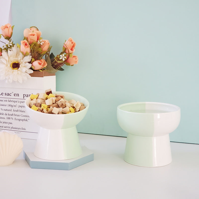 KFX-8919869 Ceramic Slant Mouth Dog and Cat Food Bowl Set in Color Block Design, Available in Multiple Colors