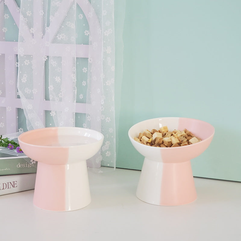 KFX-8919869 Ceramic Slant Mouth Dog and Cat Food Bowl Set in Color Block Design, Available in Multiple Colors