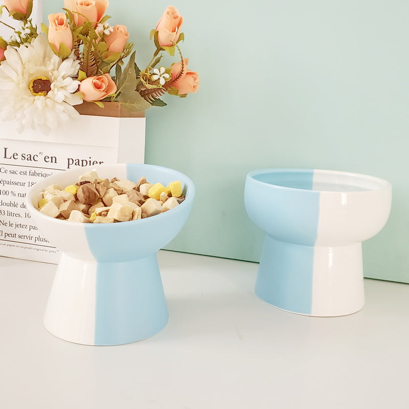 KFX-8919869 Ceramic Slant Mouth Dog and Cat Food Bowl Set in Color Block Design, Available in Multiple Colors