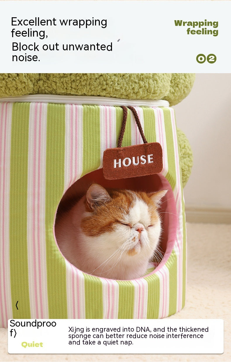 KFX-8923709 Cat Nest in Green and Orange Cauliflower Design, Soft Cloth Bed for Cats