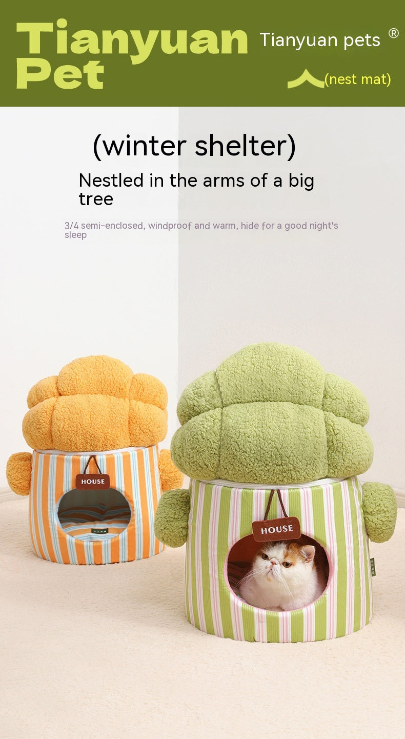 KFX-8923709 Cat Nest in Green and Orange Cauliflower Design, Soft Cloth Bed for Cats