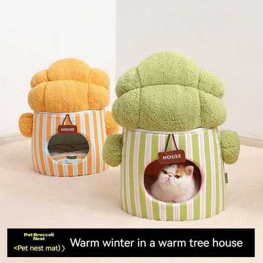 KFX-8923709 Cat Nest in Green and Orange Cauliflower Design, Soft Cloth Bed for Cats