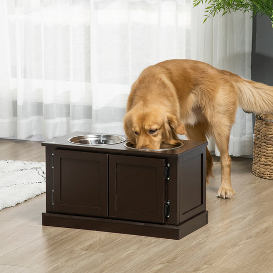 KFX-8925629 Elevated Dog Bowl with Storage for Large Dogs, Two Stainless Steel Bowls, Coffee