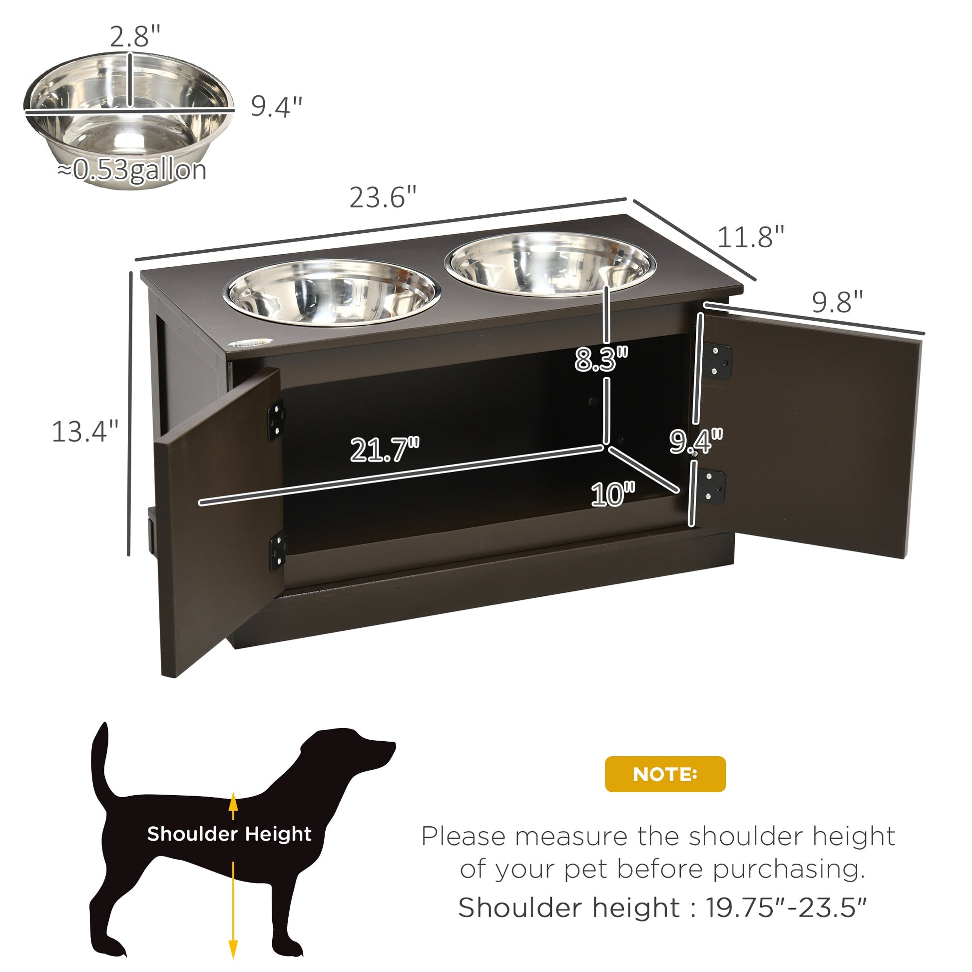 KFX-8925629 Elevated Dog Bowl with Storage for Large Dogs, Two Stainless Steel Bowls, Coffee