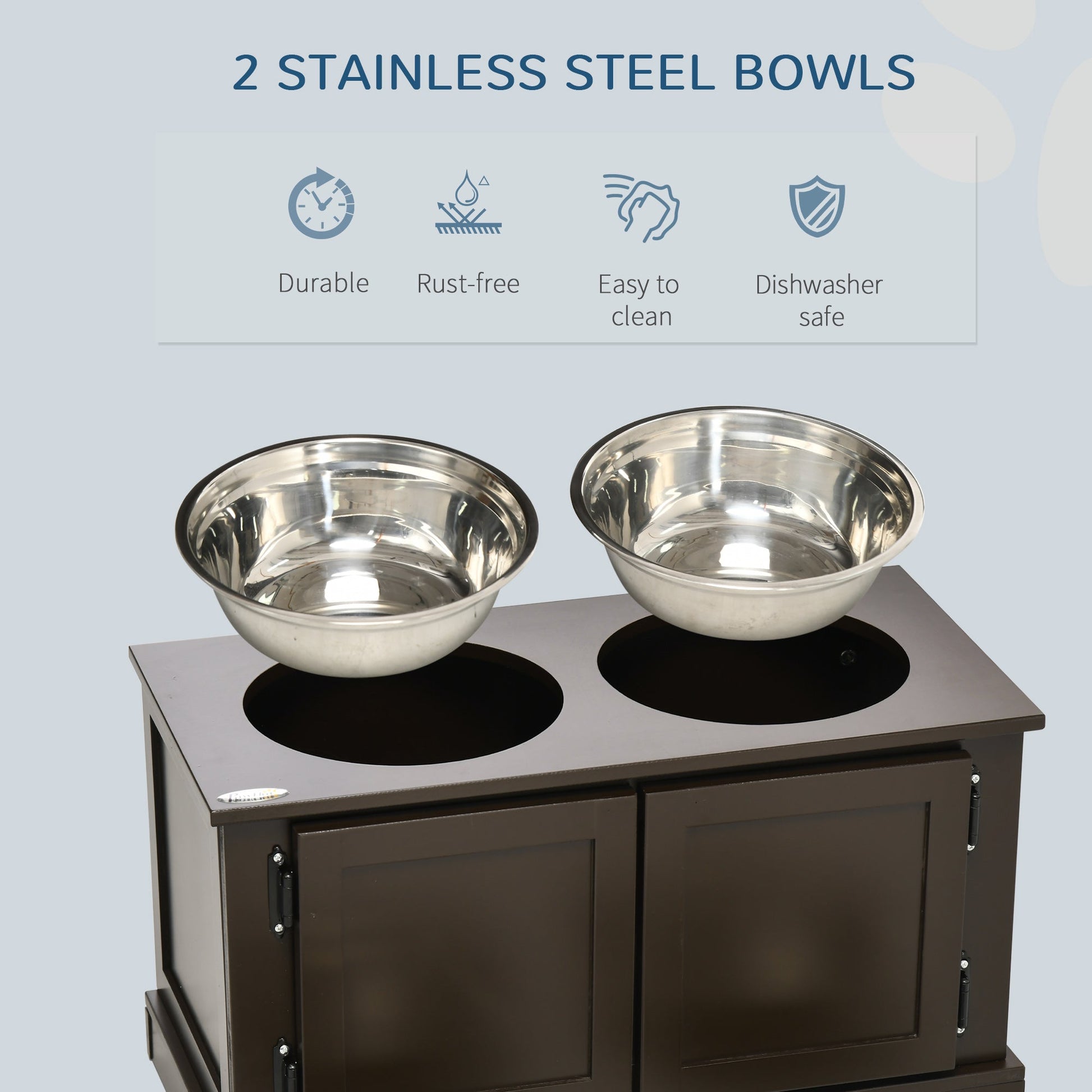KFX-8925629 Elevated Dog Bowl with Storage for Large Dogs, Two Stainless Steel Bowls, Coffee