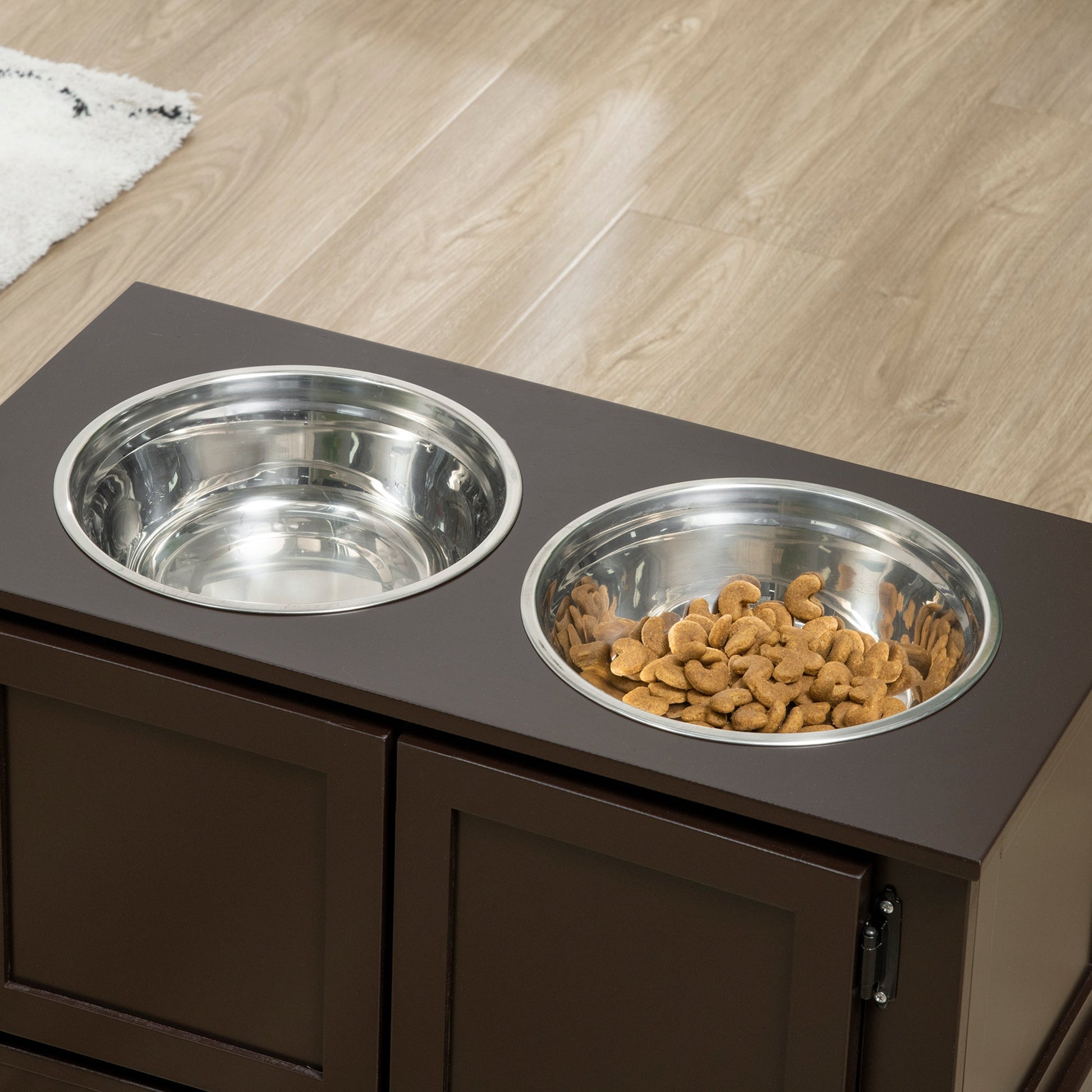 KFX-8925629 Elevated Dog Bowl with Storage for Large Dogs, Two Stainless Steel Bowls, Coffee