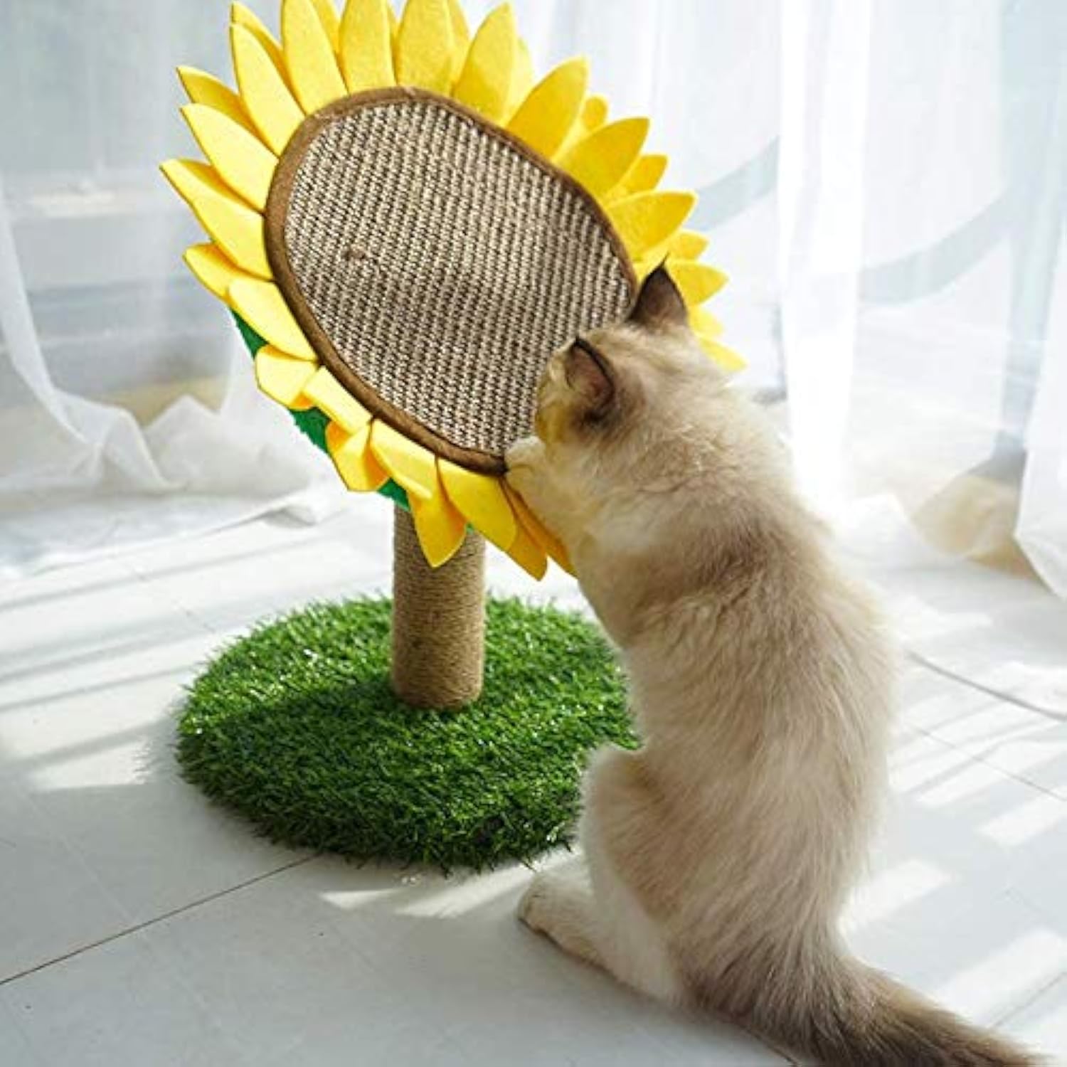 KFX-8926909 Sunflower Cat Scratching Post with Sisal-Covered Claw Scratcher and Artificial Grass Base
