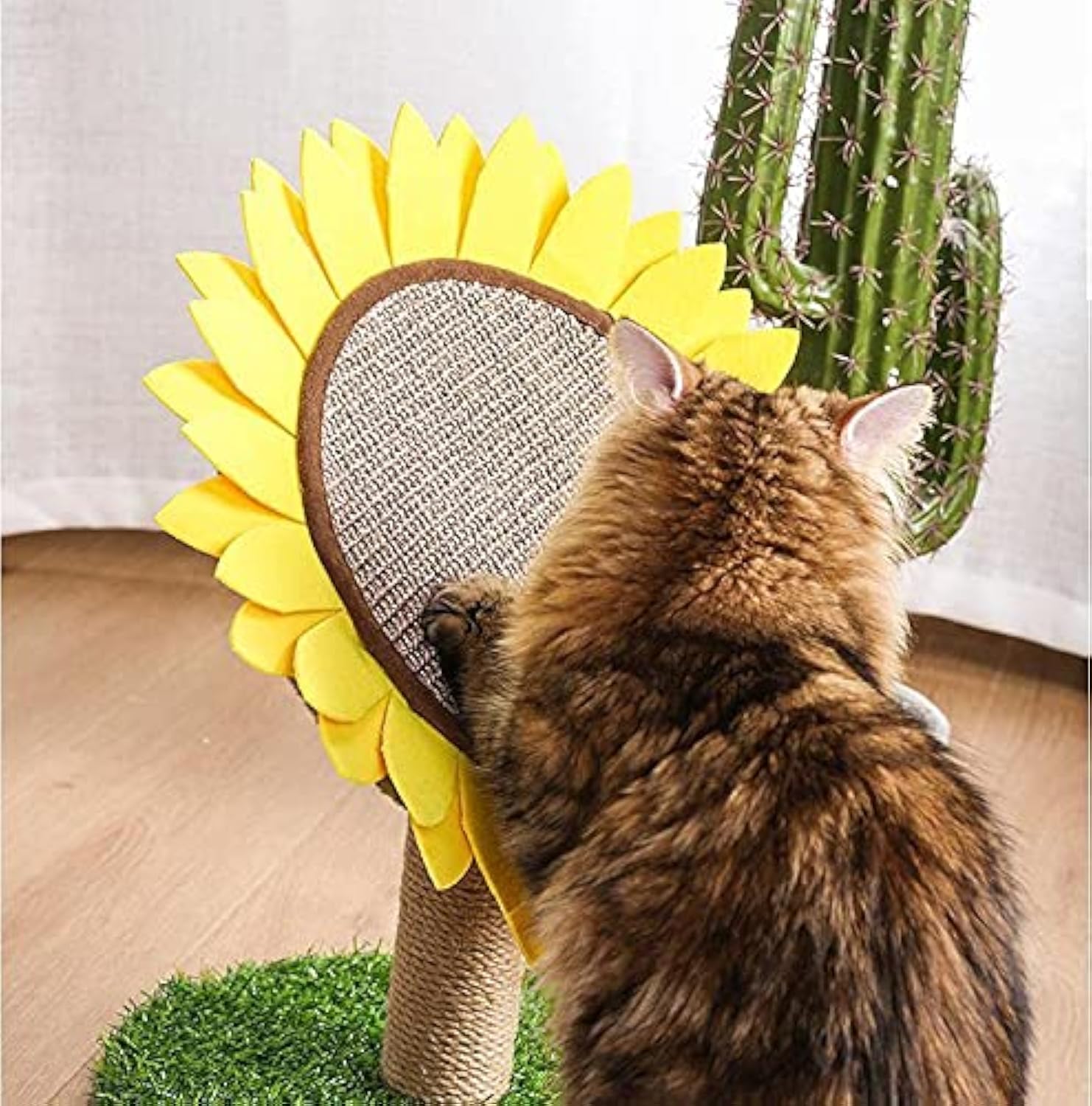 KFX-8926909 Sunflower Cat Scratching Post with Sisal-Covered Claw Scratcher and Artificial Grass Base