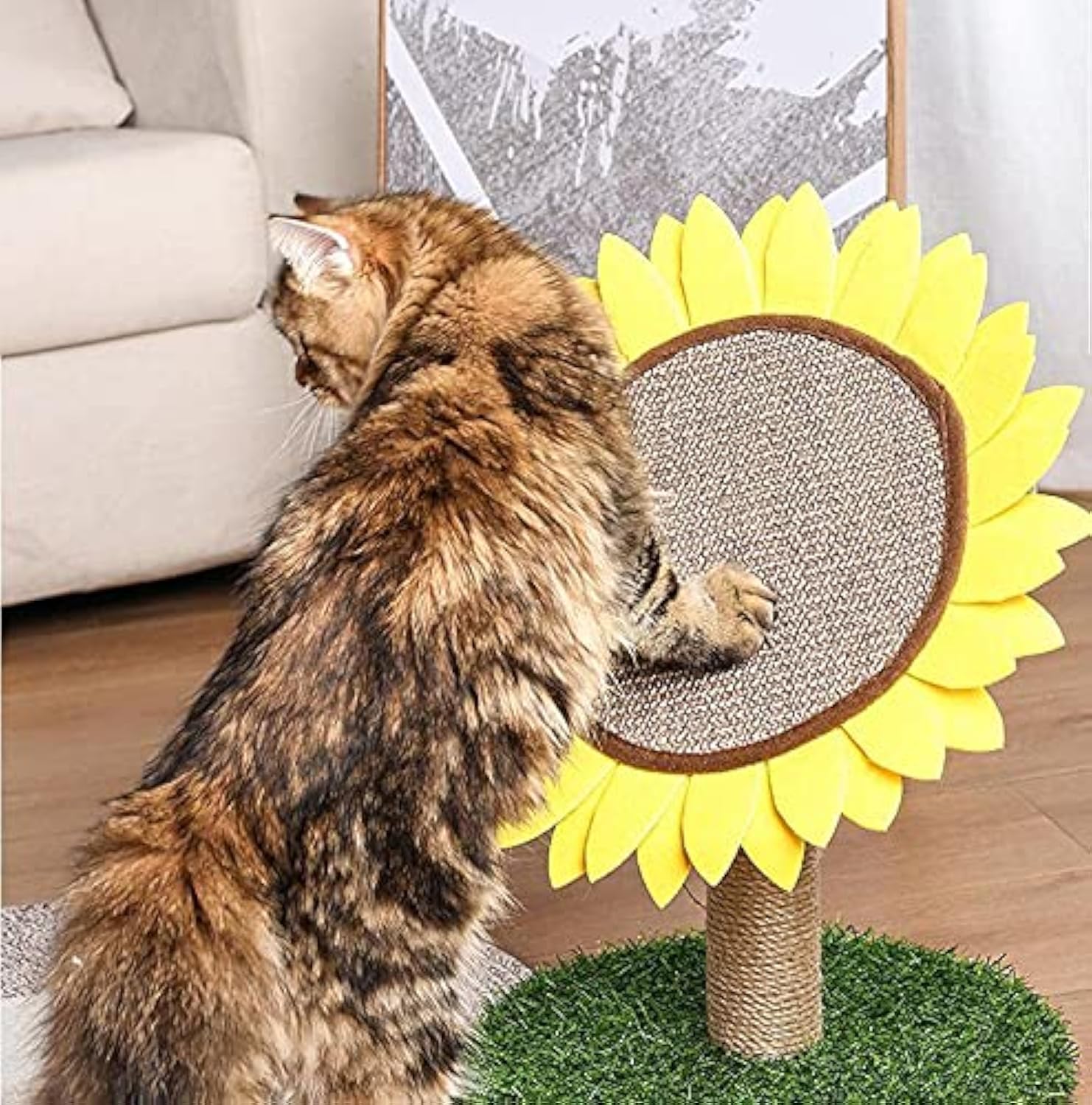 KFX-8926909 Sunflower Cat Scratching Post with Sisal-Covered Claw Scratcher and Artificial Grass Base