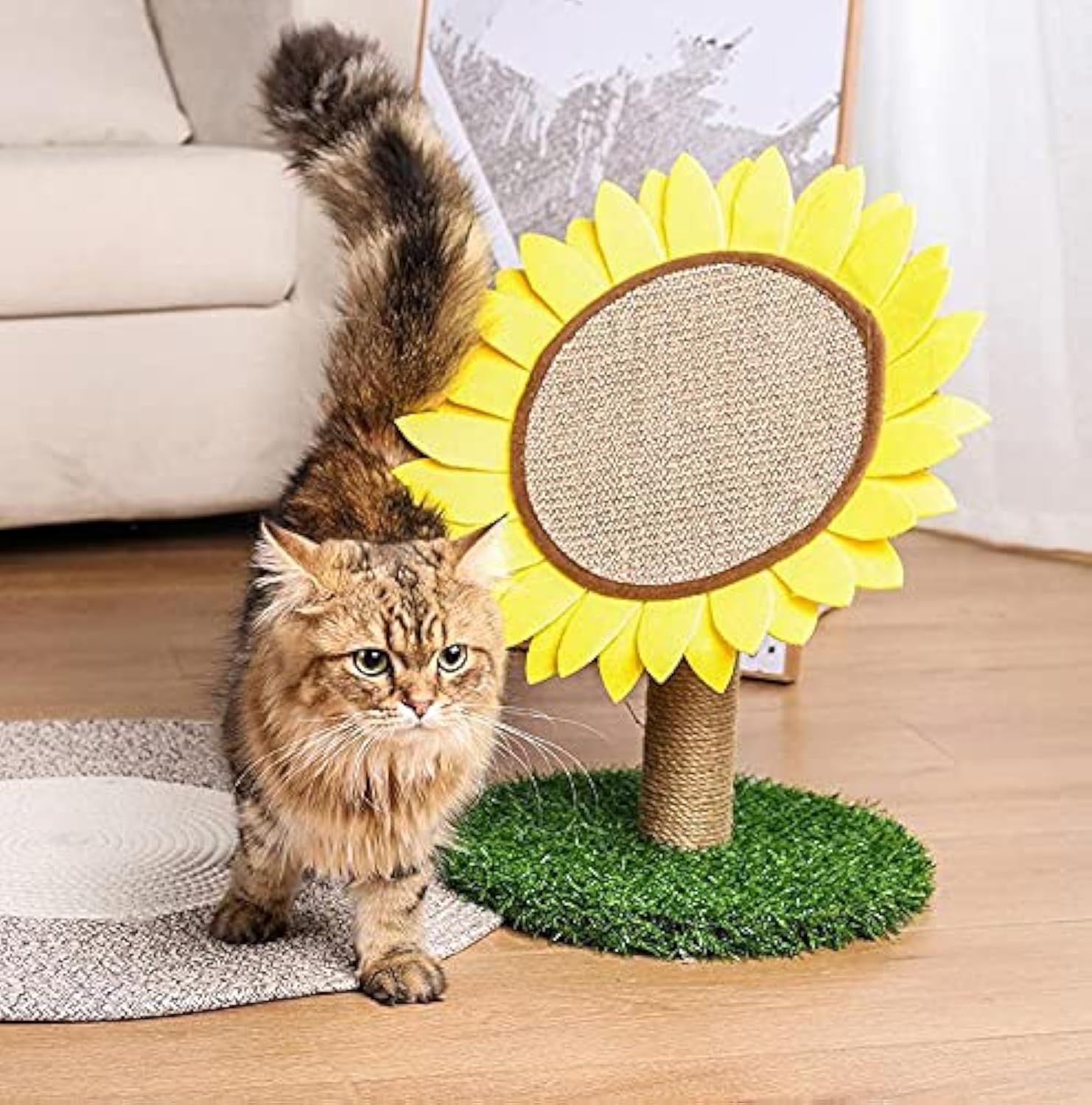 KFX-8926909 Sunflower Cat Scratching Post with Sisal-Covered Claw Scratcher and Artificial Grass Base
