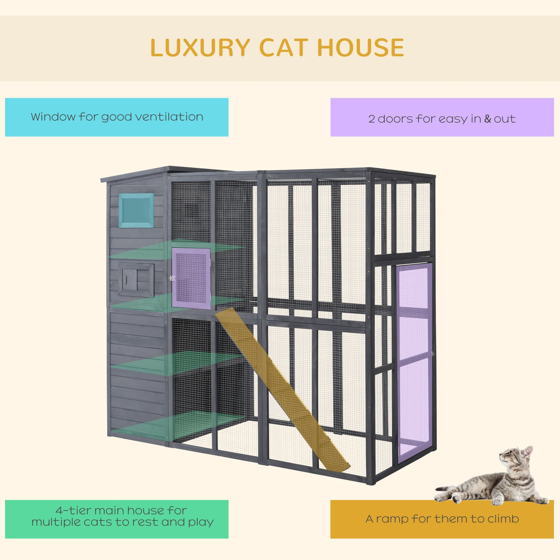 KFX-8929469 Extra Large 4-Story Gray Wooden Outdoor Catio with Ramps and Windows for Cats