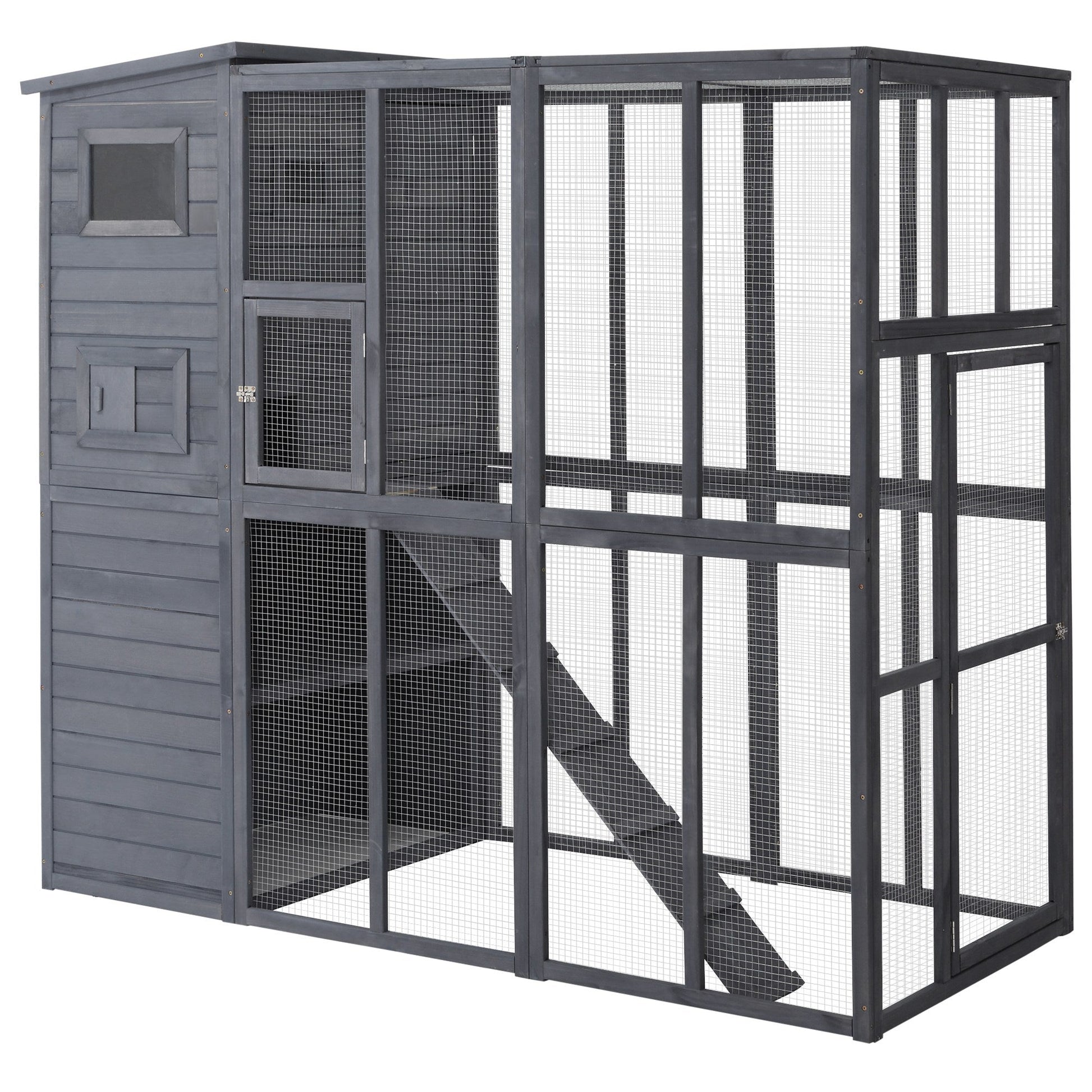 KFX-8929469 Extra Large 4-Story Gray Wooden Outdoor Catio with Ramps and Windows for Cats
