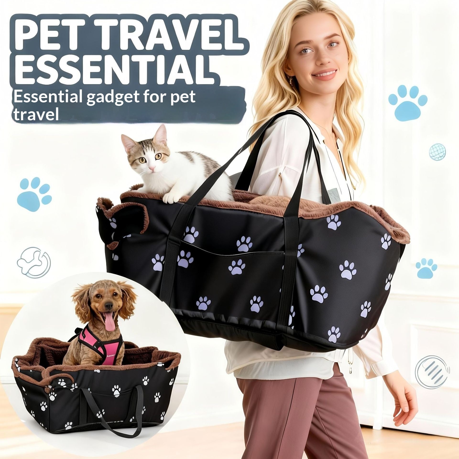 KFX-8933437 Warm Plush Lined Pet Carrier with Durable Oxford Fabric and Cat Paw Pattern